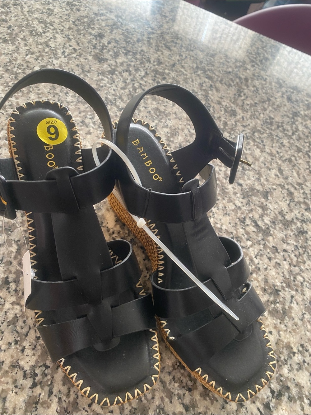 BAMBOO Black Wedge Sandals with Woven Platform